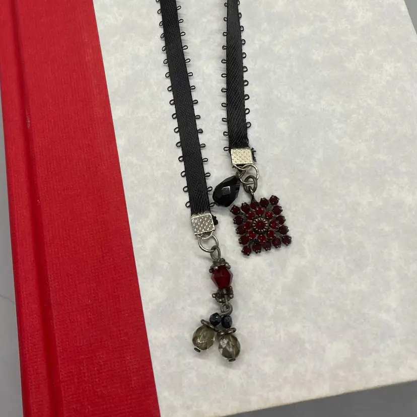 Black Satin Picot Ribbon Garnet Red Gray Bead Dangle Charms Bookmark 10.5"