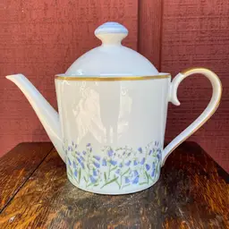 Hackefors Porslin Campanula Rotundifolia Teapot (marked 17). Blue Floral Motif With Gold Gilt. Made In Sweden.