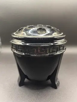 Antique L.E. Smith Black Amethyst Glass Greek Key Design Three Footed Vase With Flower Frog- AS IS