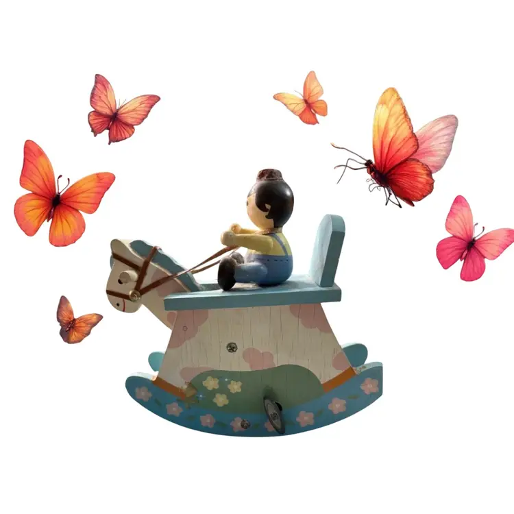 Vintage 1984 Enesco 6" x 6" Movable Musical Rocking Horse Figure with Teddy Bear Vintage Nursery Retro Decor