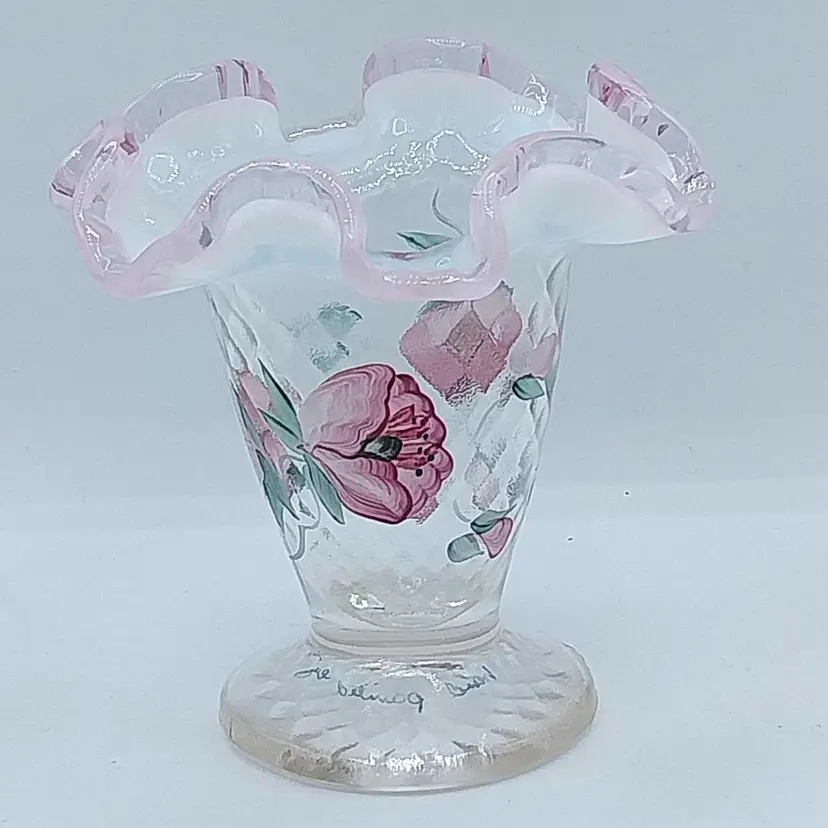 Vintage & RARE, Fenton Hand Painted & Signed, 1996 TRELLIS DIAMOND OPTIC DUSTY ROSE OVERLAY, FRENCH OPALESCENT VASE