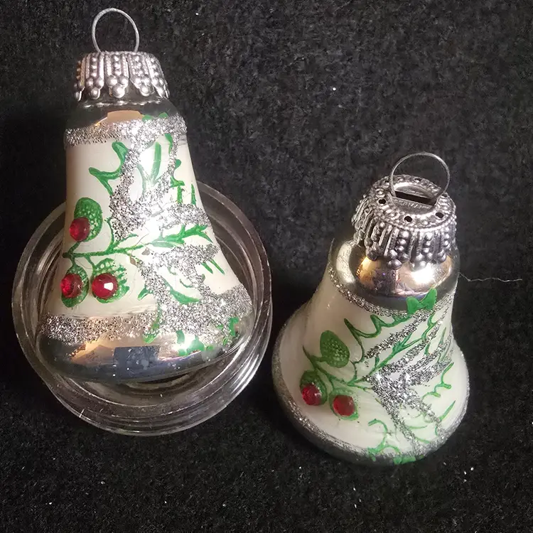 Pair Vintage West Germany Glass Bell Ornaments w/ Glitter & Red Crystals