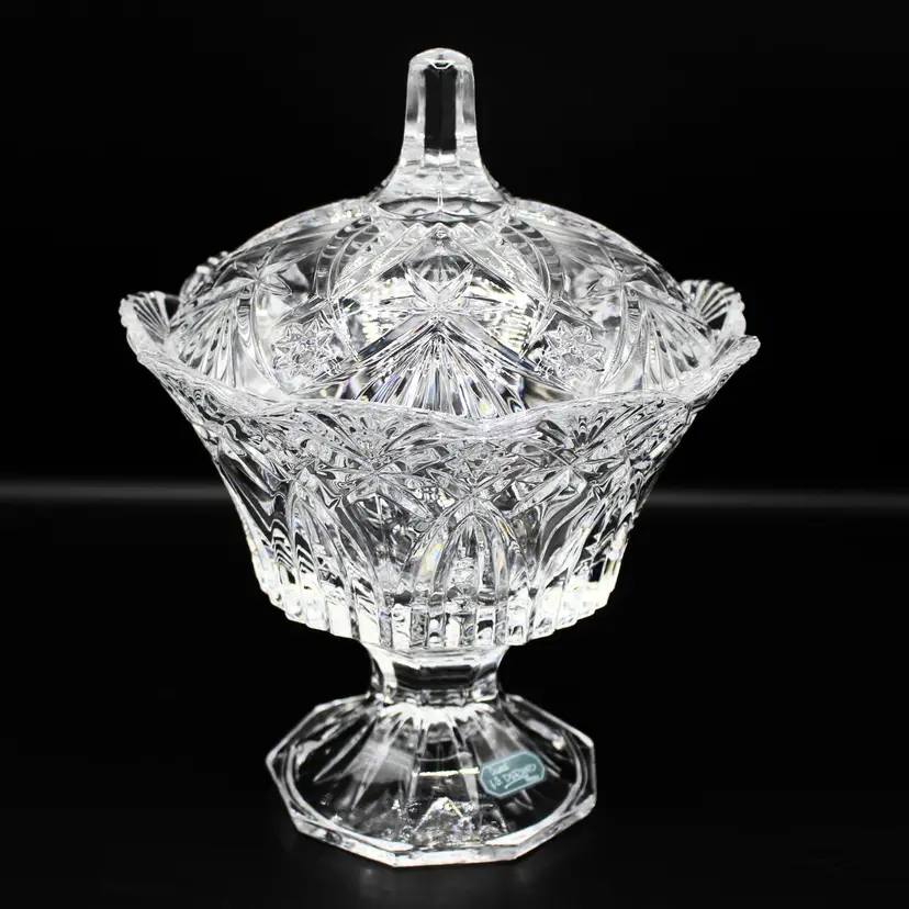 Elegant Vintage Crystal Pedestal Compote Dish JG Durand France - Hobstar Pattern