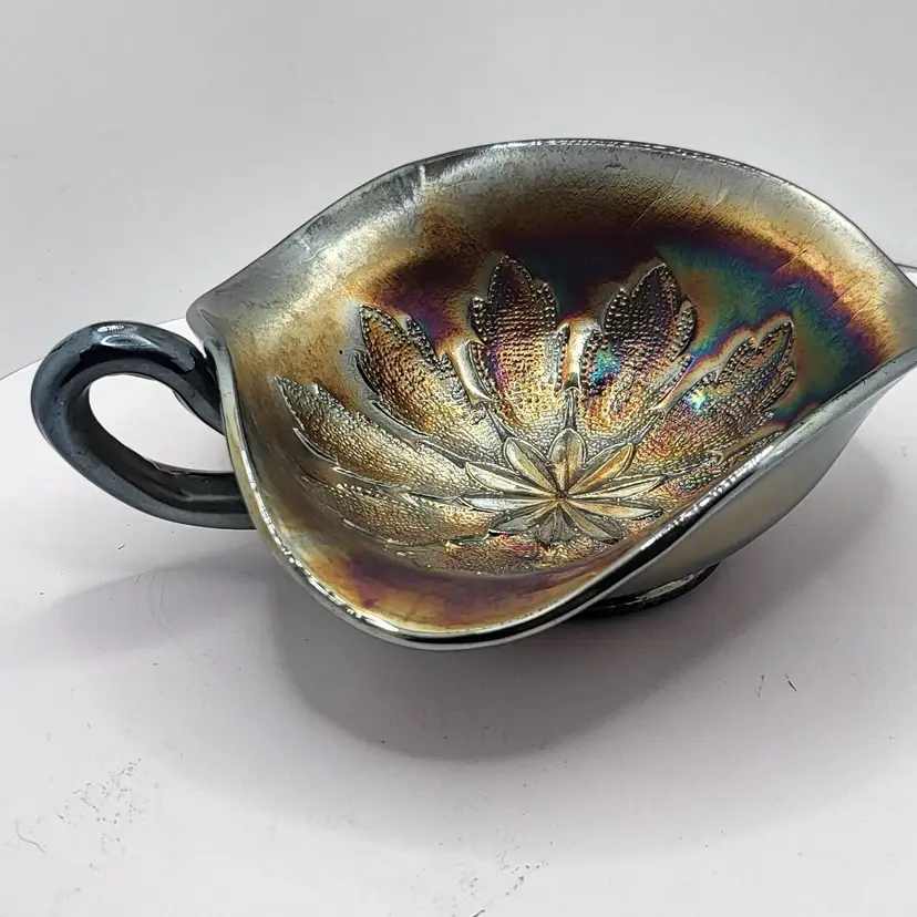 Antique Amethyst Iridescent Carnival Glass Nappy Bowl Dish made by Dugan Glass 6.5 x 5"