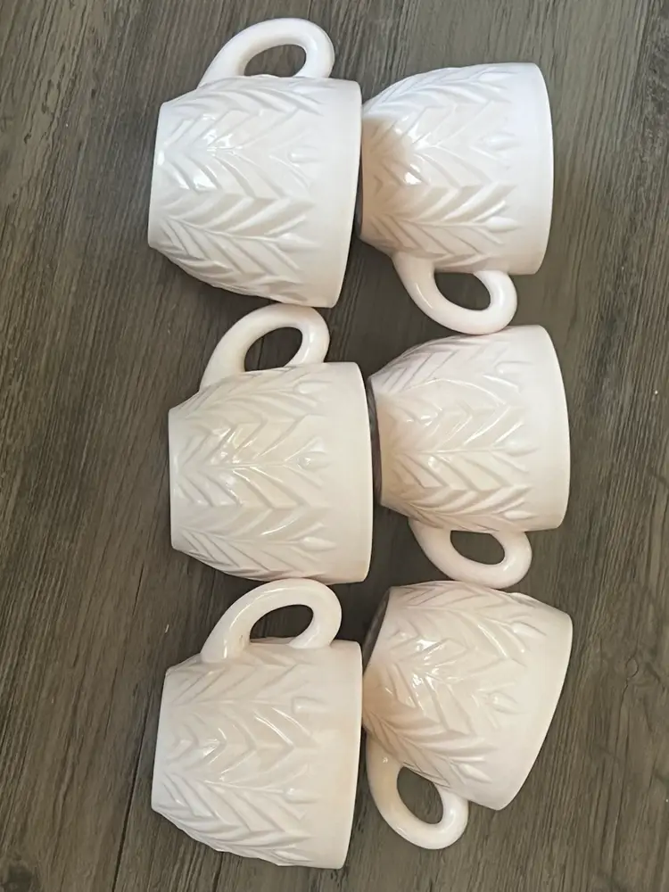 6 Vintage Jeanette Shell Feathers Pink Milk Glass Punch Cup Set Cups