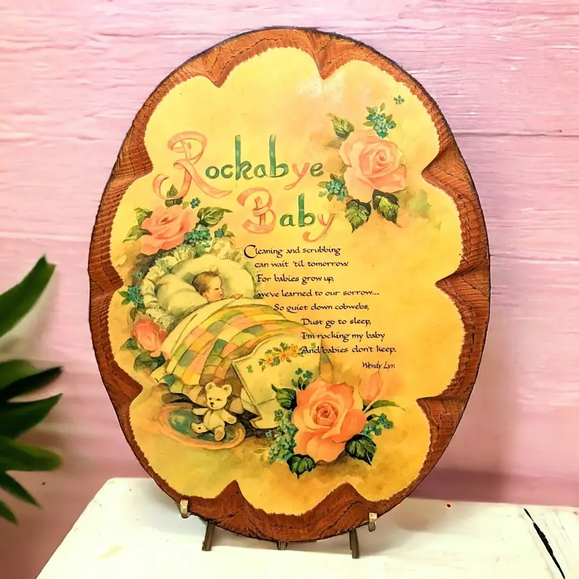 Vintage Rockabye Baby Poem by Wendy Lyn Decoupage Wood Oval Plaque Wall Hanging