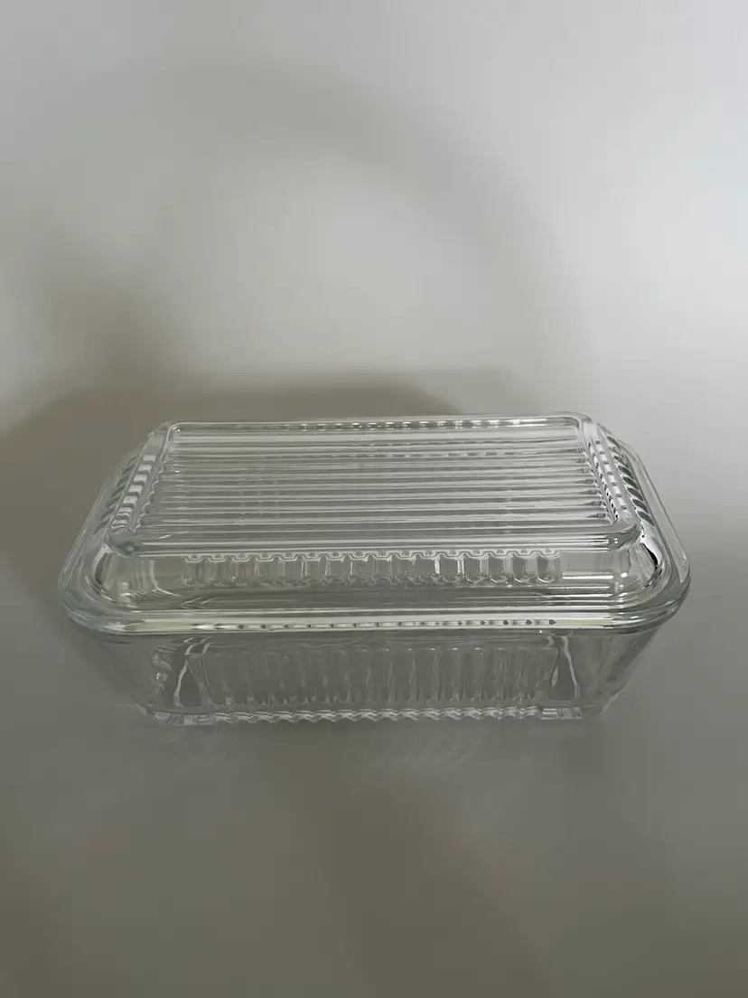 Vintage Retro Clear Ribbed Glass Paşabahçe Refrigerator Dish with Lid