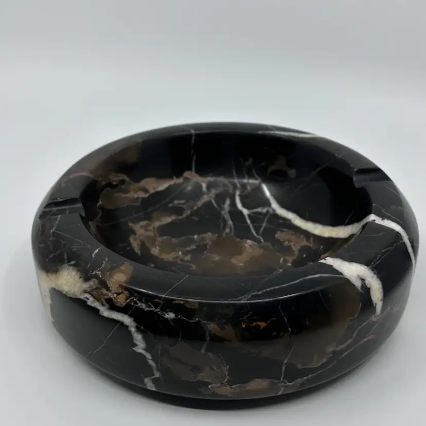 Vintage Black White Brown Marble Circular Ashtray 3lbs Man Cave Decor