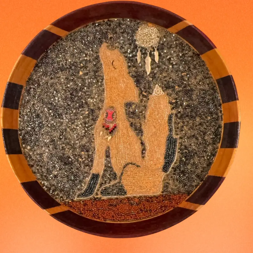 10” Seed Bead Mosaic Coyote Howling At Moon In Wood Tray