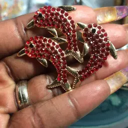 Red Rhinestone Dolphin Brooch