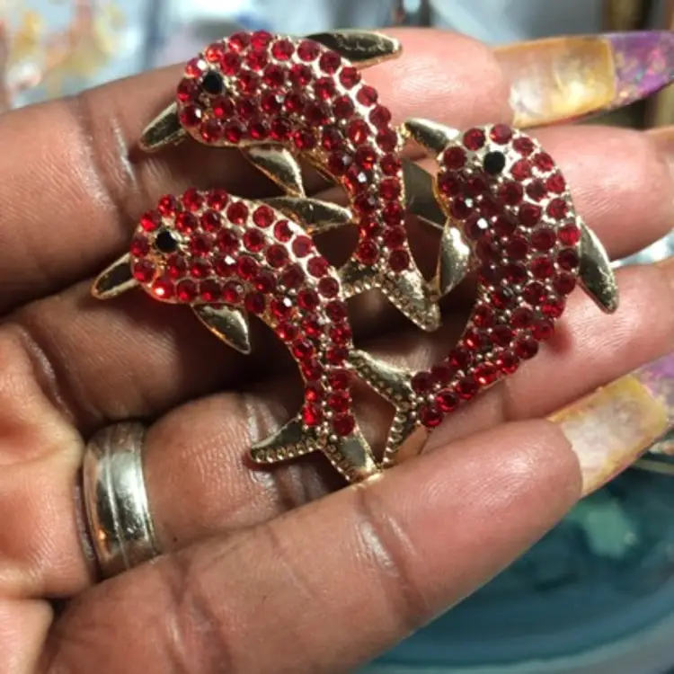 Red Rhinestone Dolphin Brooch
