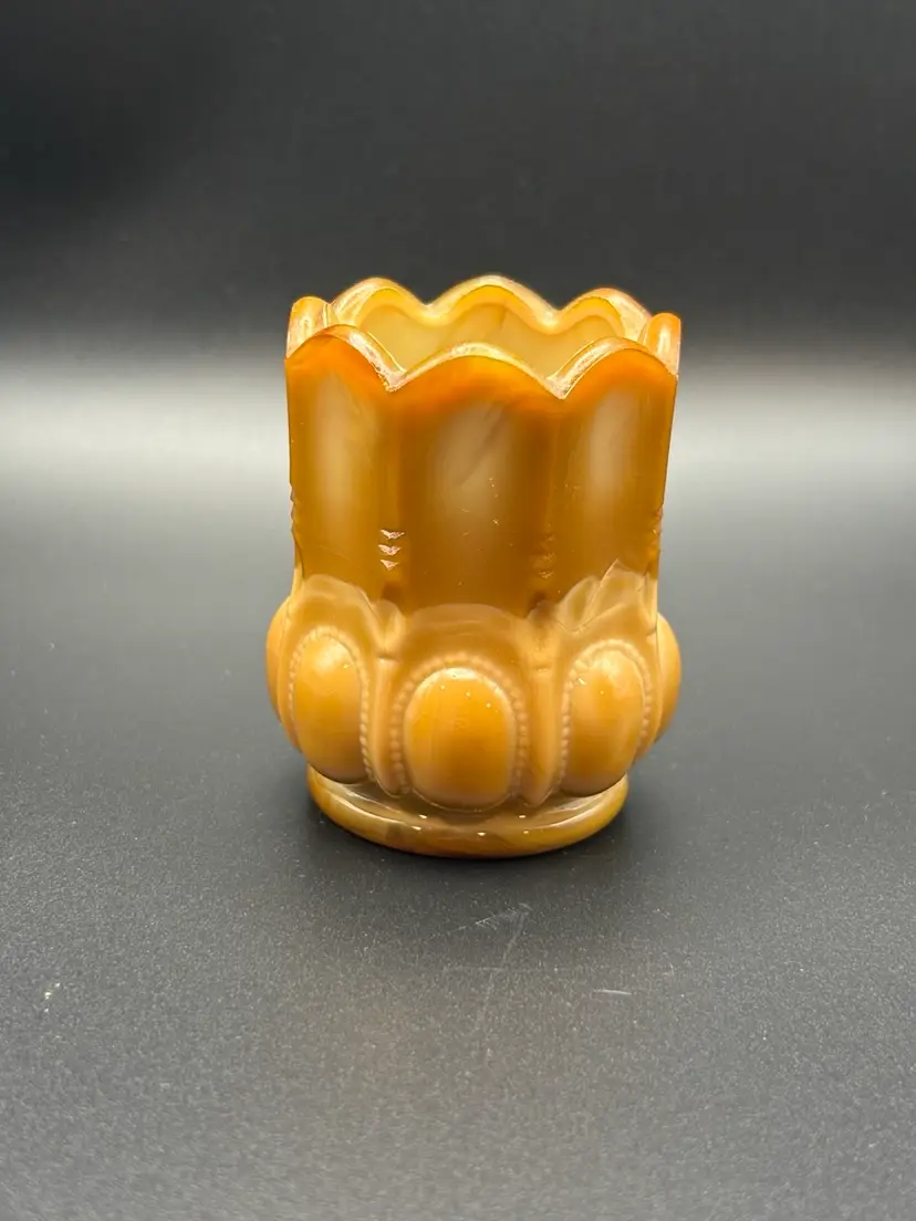 Vintage Degenhart Butterscotch/Chocolate glass Beaded Oval Toothpick Holder