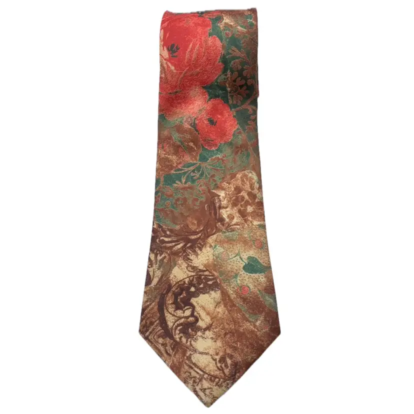 Vintage Secundum Artem Red Green Brown Floral Necktie Art To Wear Cottagecore