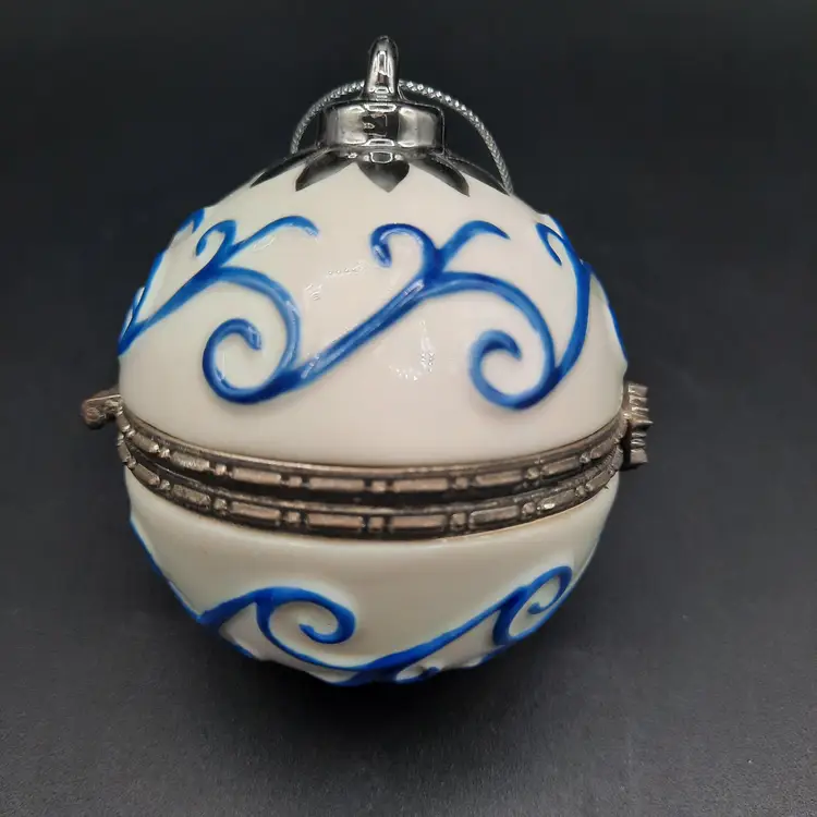 Vintage Christmas Bulb Ornament Hinged Trinket Box Blue & White Scroll