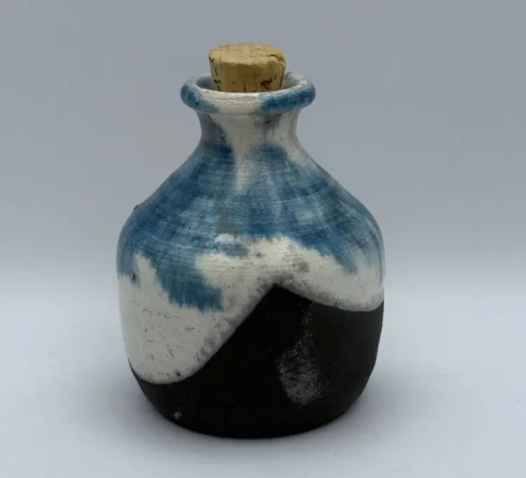 Raku Studio Art Ceramic Pottery Vase Signed With Cork Stopper Blue White 3.5 in Tall