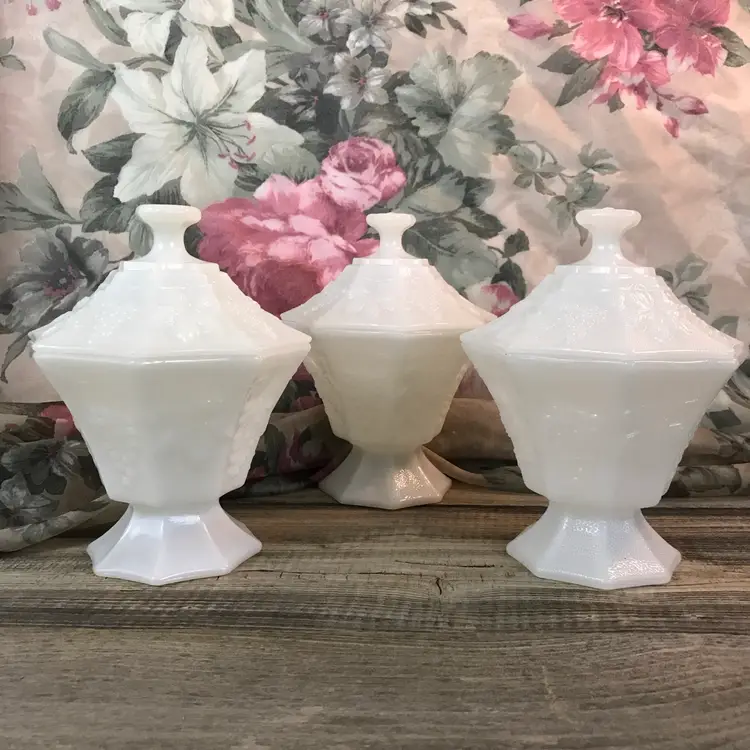 Vintage White Milk Glass Opaque Covered Compote Dish With Leaf Motifs Octagon Shape By Anchor Hocking