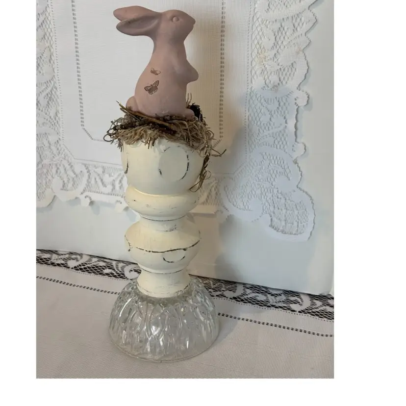 Made By Me Wood Glass Ceramic Bunny Sitter  12”x 4”