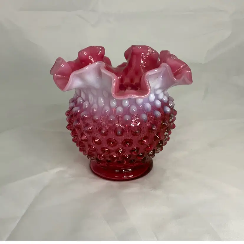 017 Cranberry Opalescent Hobnail Ruffled Squatty Vase