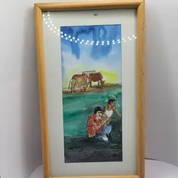 Framed Watercolor Art of Rural Life by Artist Altaf Husain 9 x 5.5"