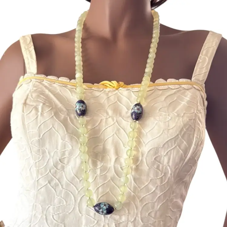 Vintage MCM Nephrite Jade Cloisonné Bead 34” Necklace