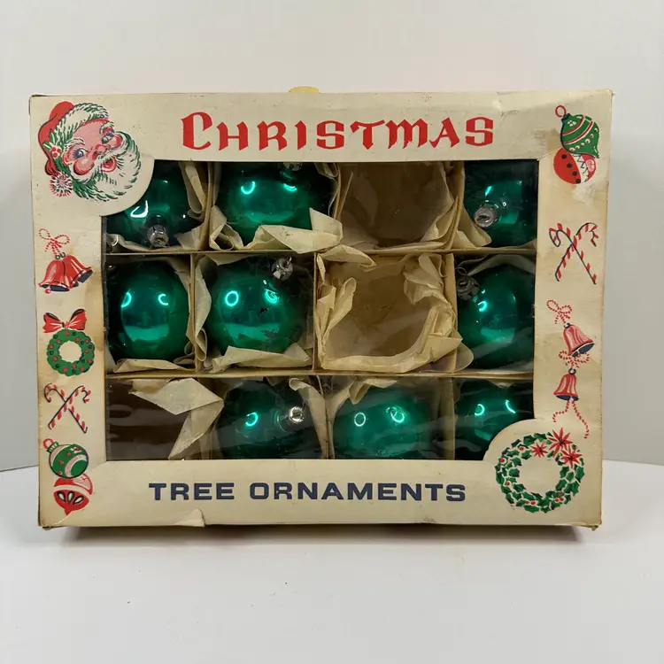 Partial Set of 9 Vintage Teal Green Glass Christmas Tree Ornaments, Poland