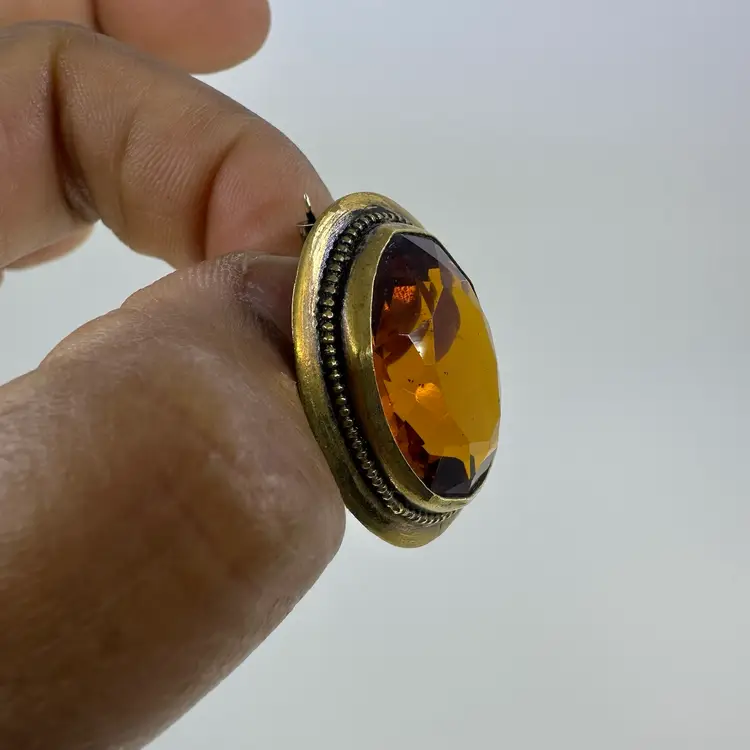 Antique Victorian Faceted Amber Colored Stone & Gold-Tone Brooch