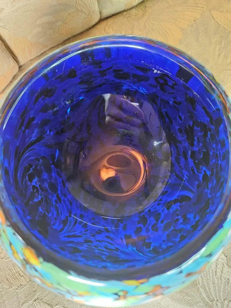 Vintage Art Glass Bowl Colorful Confetti Splatter And Colbalt Blue Inside