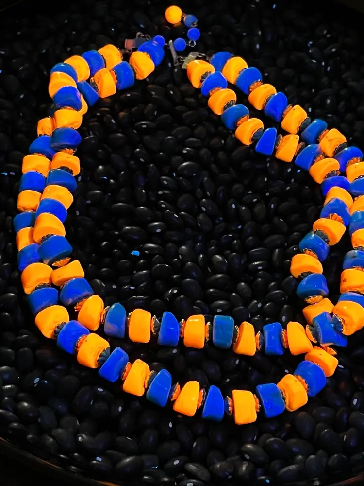 Vintage Hong Kong UV Reactive Coral And Turquoise Color Plastic Double Strand Necklace