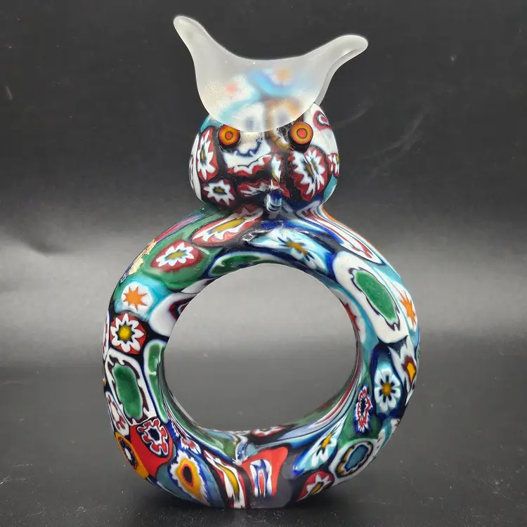 #1 HTF Vintage KB Italy Murano Venetian Art Glass Satin Millefiori Cut Cane Owl Napkin Ring RARE!