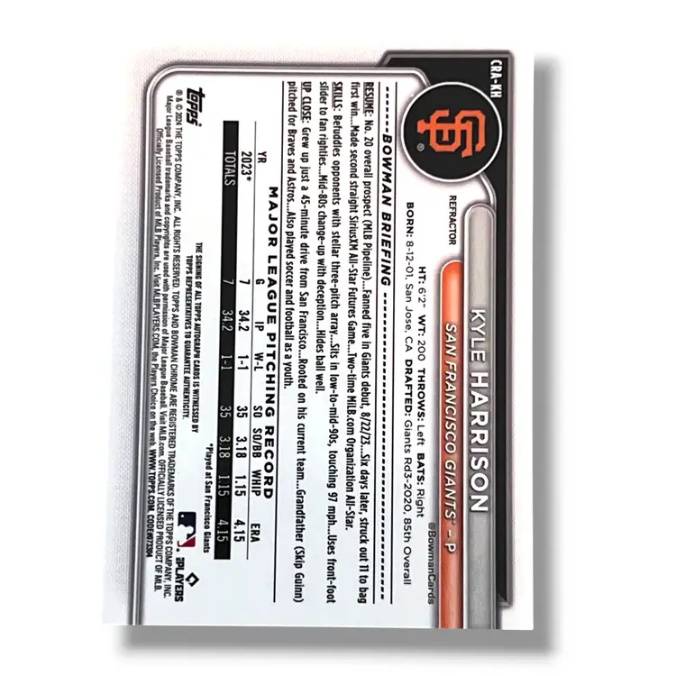 2024 Bowman Chrome Kyle Harrison Rookie Autograph Refractor 374/499 #CRA-KH