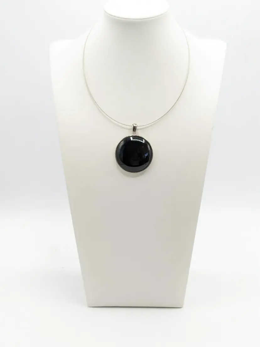 Black Glass Pendant Necklace on Silver Tone Chain