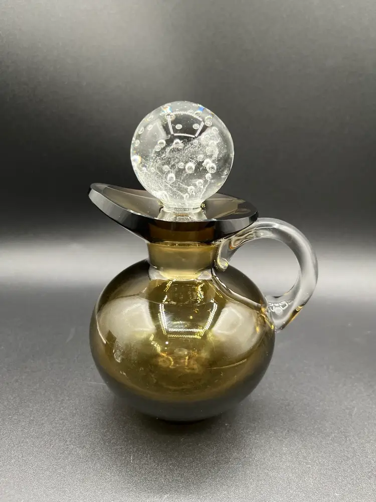 Smoky Topaz Olive Green Art Glass Cruet With Ball Stopper 5.5”