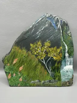 Hand Painted Landscape On Slate Stone Art Signed L. Seifert 1972 Mountain Waterfall 9"