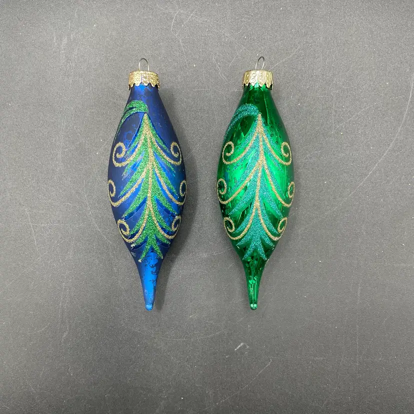 Set of 2 Unique Treasures Blown Glass Glittered Tree Christmas Ornaments