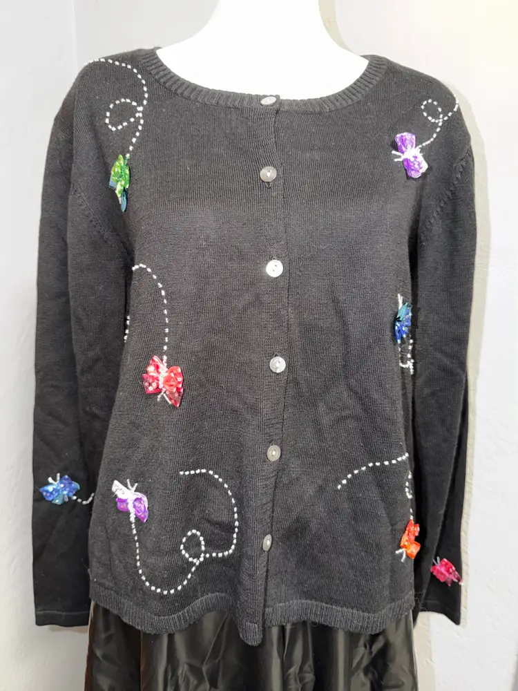 Jack B Quick Black Cardigan Sweater with Butterflies and Sequins Size Large