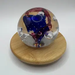 The Glass Station Blue And Red Swirl Glass Paperweight Signed