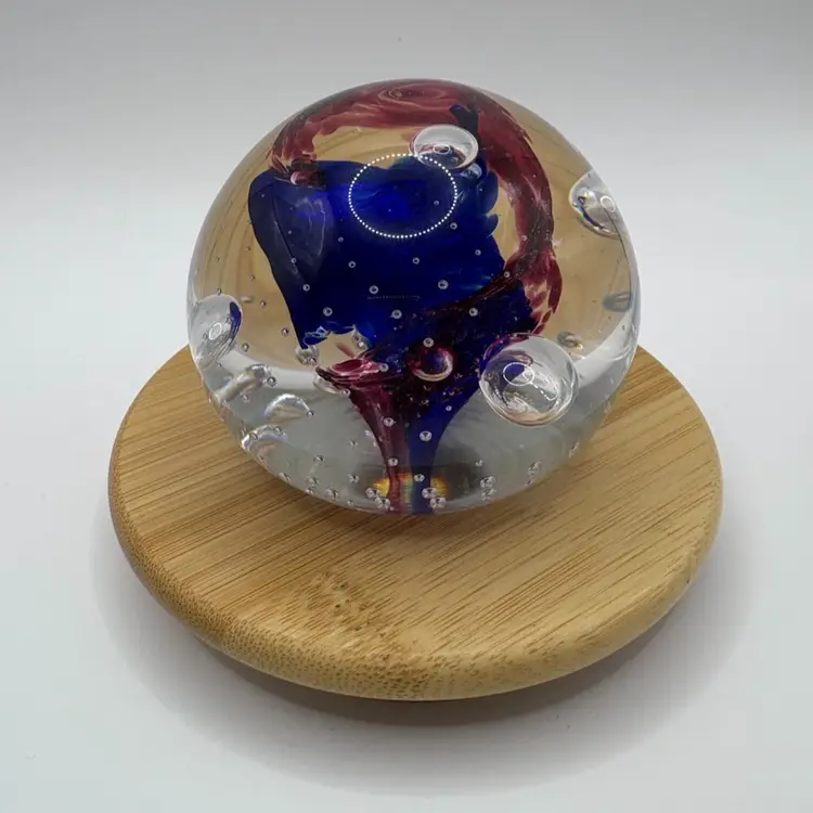 The Glass Station Blue And Red Swirl Glass Paperweight Signed