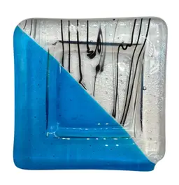 Fused Studio Art Glass Small Trinket Dish Square Blue Black Stripe Shimmer 3.5”