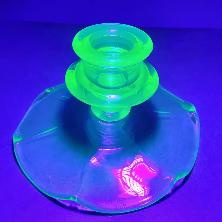 Vintage Uranium Green Depression Glass Candle Stick Holder-Glows