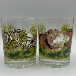 50% off was $24 Dorothy Thorpe Jungle Rocks Glasses Tigers Hippos 1960s Barware