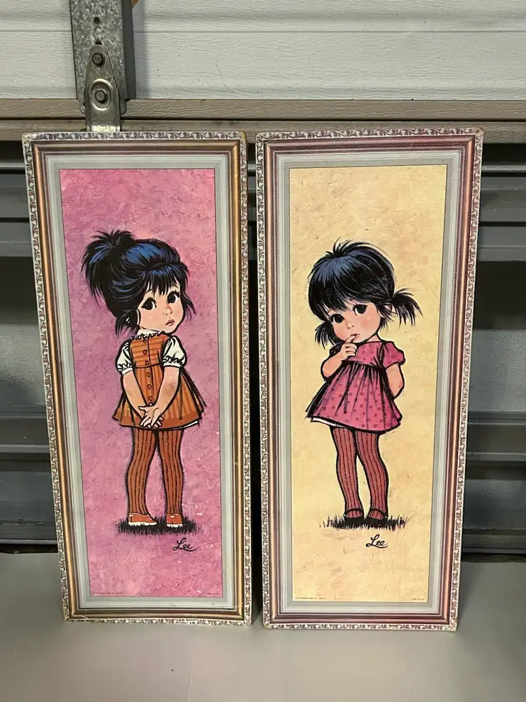 Vintage 1970S Pair Of Big Eyed Girls Litho Prints On Cork Wall Plaques Artist Lee Soroka