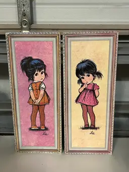 Vintage 1970S Pair Of Big Eyed Girls Litho Prints On Cork Wall Plaques Artist Lee Soroka