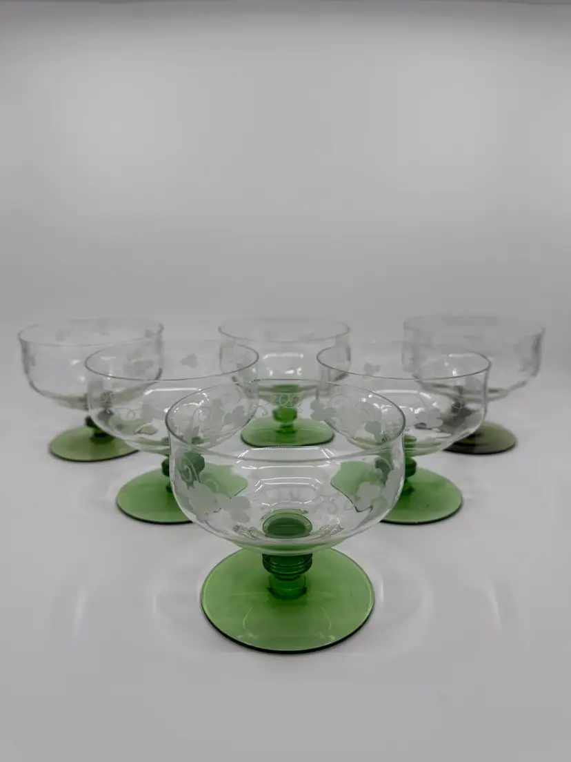 6 Vintage  Etched Grapevine Clear Glass Sherbet Dish w Green Footed Base Glow Orange & Green