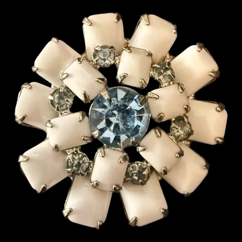 Milk Glass & Blue Rhinestone Brooch 1.75” From Pixiestix!!!