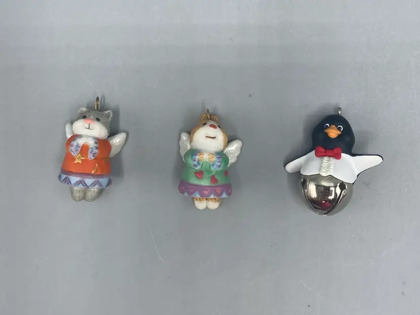 Vintage Miniature Hallmark Keepsake Ornaments 2000 Celestial Bunny, 1999 Celestial Kitty, and 1999 Christmas Bells 1997