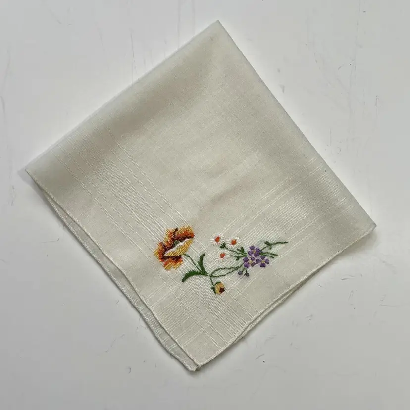 Embroidered Floral Handkerchief Vintage Cottagecore Granny Mid Century Pocket Scarf