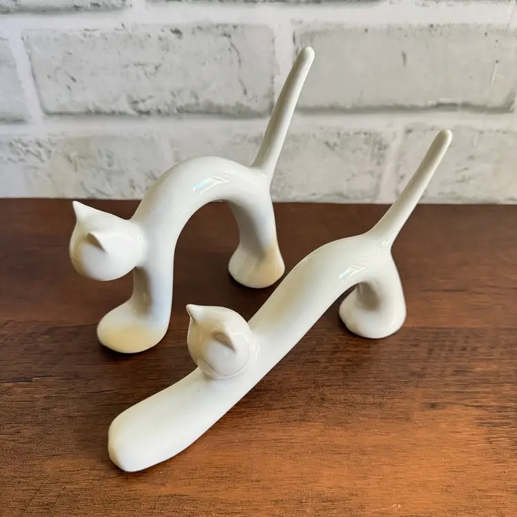 Vintage Naaman Israel Porcelain Cat Figurines Pair Mid-Century Modern White