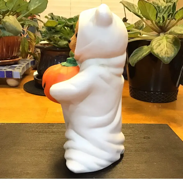 Halloween Bear Dressed as a Ghost Holding a Pumpkin Ceramic Figurine