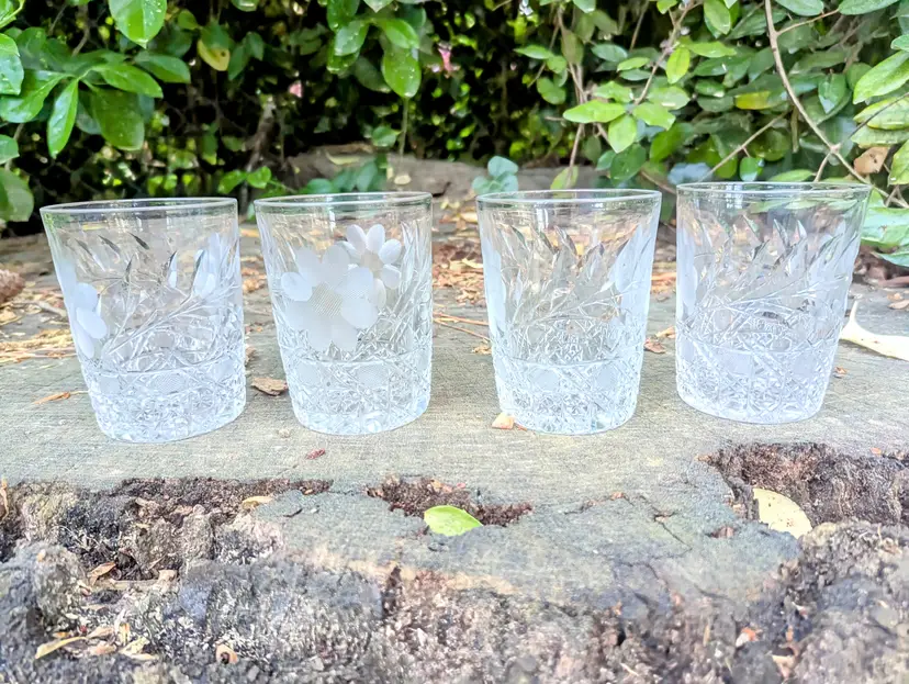 Four McKee Clear Glass Innovation Pressed Cut Floral 10oz Tumbler