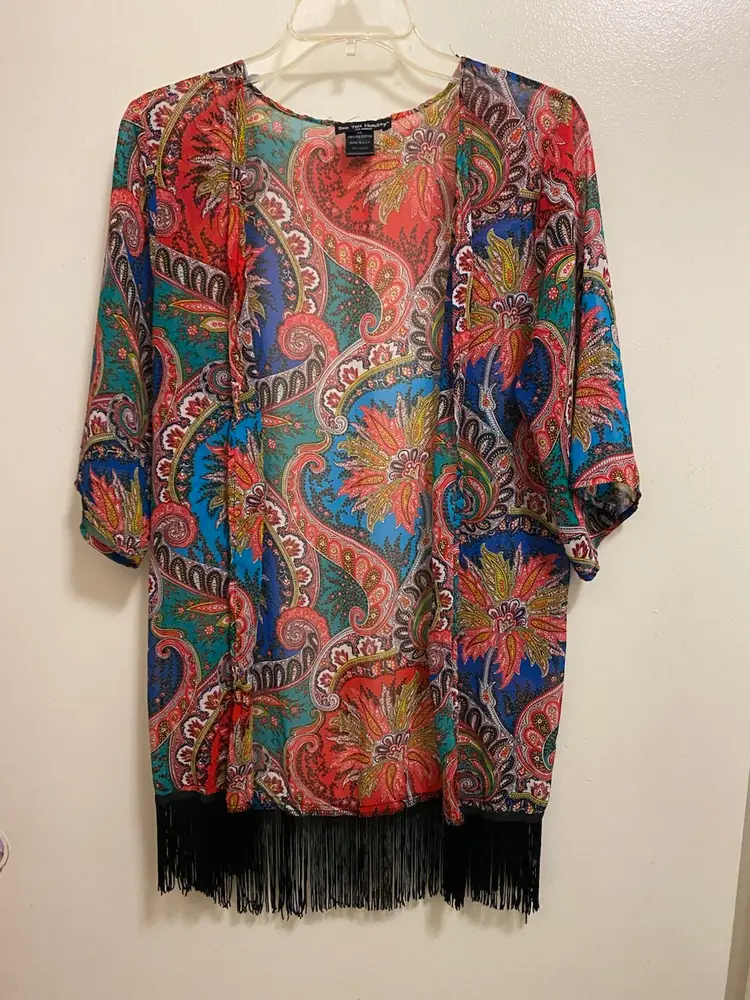 See You Monday Womens Sheer Cardigan XS Fringe Bottom Paisley Boho Multicolor